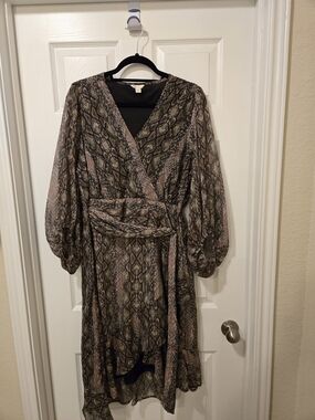 Cato Snake-Print Wrap Midi Dress in Taupe and Black